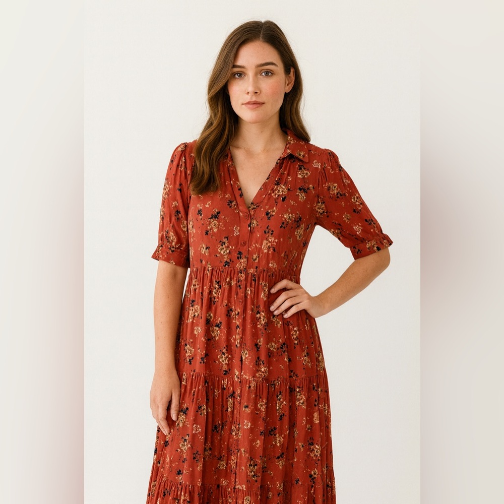 Kate & Sam Terracotta Floral Tiered Boho Cottagecore Midi Dress